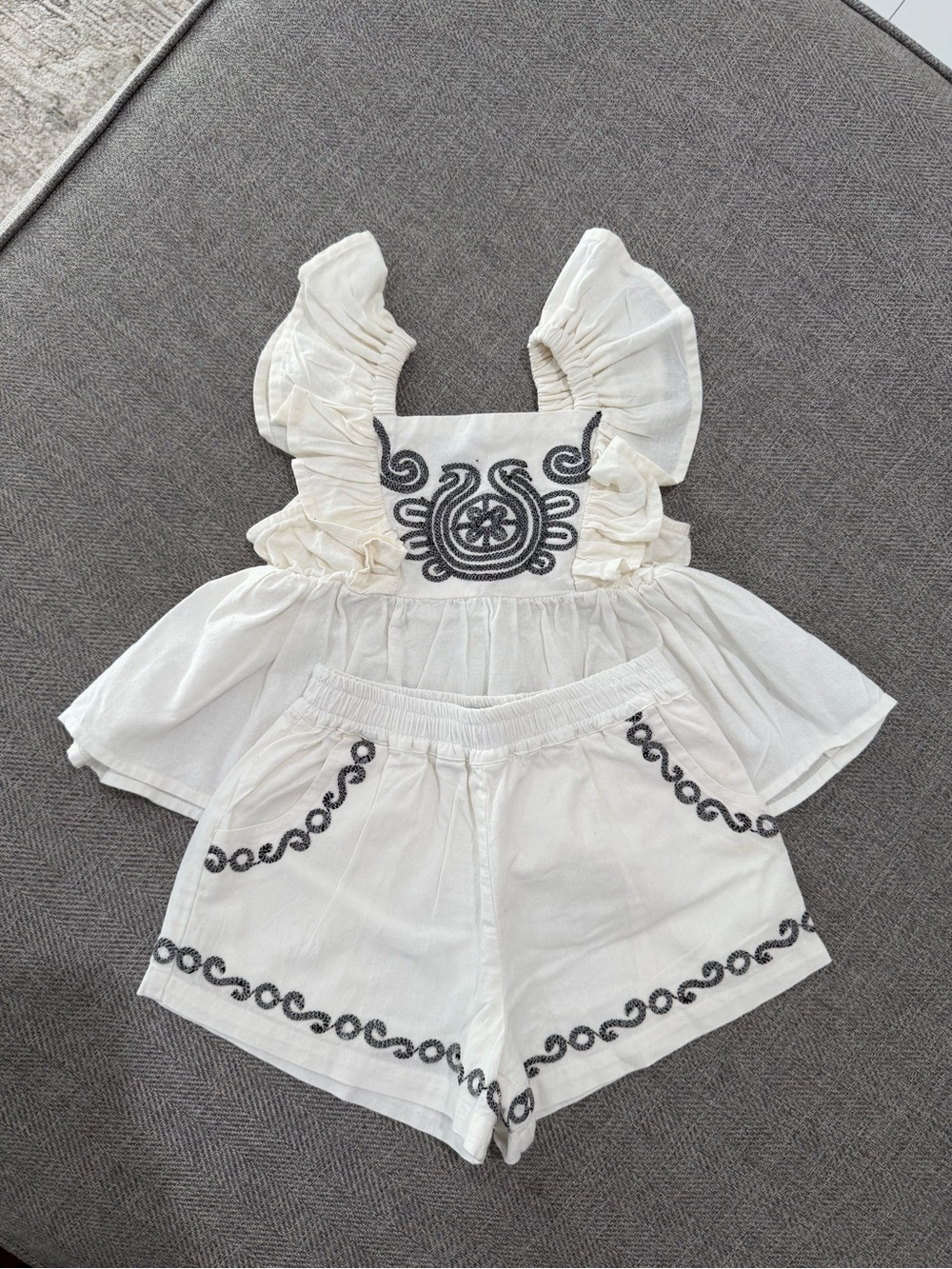 Habitual White Two-Piece Embroidered Ruffle Set with Black Trim